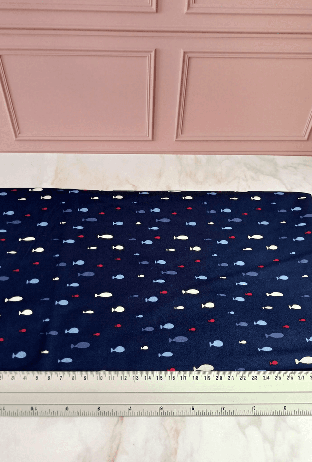 Tissu coton bleu marine/poissons